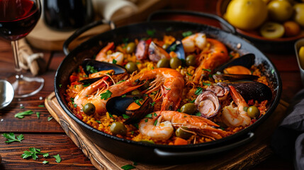 Spanish paella. Rise with seafood. 