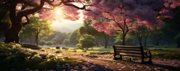 Beautiful spring landscape with trees and sun. Colorful , generated by AI. High quality photo