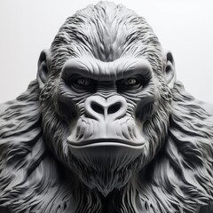 Gorilla made from plaster and hanging on the wall, bust of a large animal, highly detailed and majestic. Studio lighting. AI Generated. 