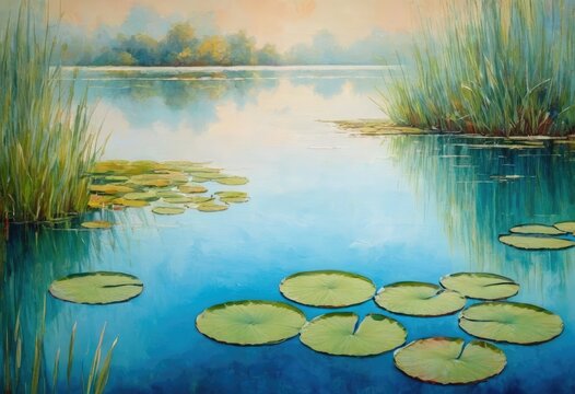 stylish multicolored painting of a serene lake with lily pads on a textured wallpaper with a soft blue color