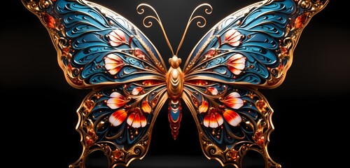AI-generated holographic butterflies, with intricate patterns and vivid hues, fluttering gracefully on a velvety black stage