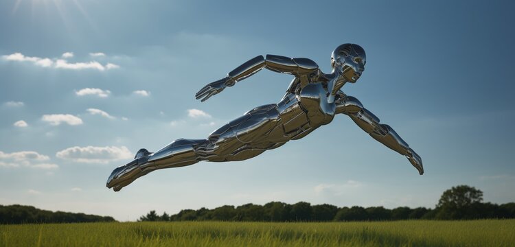 photo of a ultra-detailed female made out of steel on a grassy pasture flying towards the camera and jumping into the air. Generative AI
