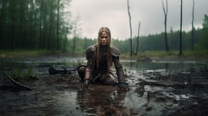 Warrior princess, dirty from battle in a battle field mud bog, tired, determined conqueror, resting in the mud, cinematic photography. AI Generated