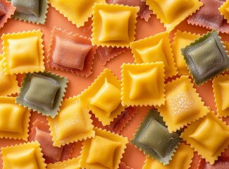 Colorful multi-colored assorted ravioli on a light background, top view. - Powered by Adobe