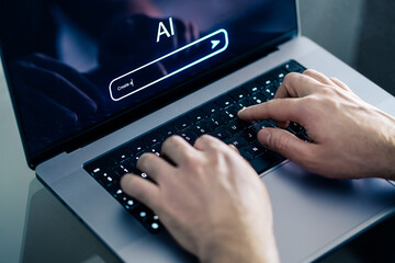 AI chat prompt. Artificial intelligence and digital technology. Man using chatbot with laptop at work. Creative content. Generate text or image. Command input on website. Bot assistant conversation. - obrazy, fototapety, plakaty