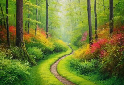 A stylish multicolored painting of a tranquil forest path on a textured wallpaper with a calming green color.