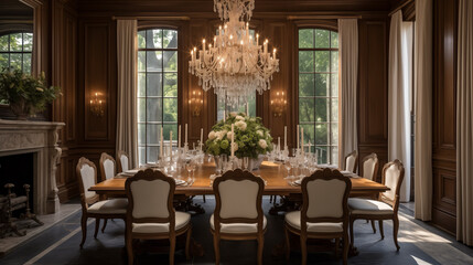 Obraz premium Elegant dining area with a long wooden table, stylish chairs, and ambient lighting