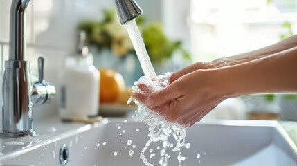 Close-up of female hands in the sink washing them with tap water during daily routine. Washing hands in daily hygiene under natural light.