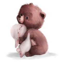 cute bear hugging with a white rabbit - 724874928