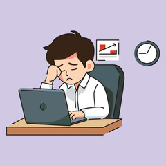 man who is tired working in the office, burnout, flat design vector illustration