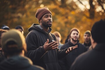 Community organiser facilitating a dialogue on social change, shot in cinematic style with blurred background. 