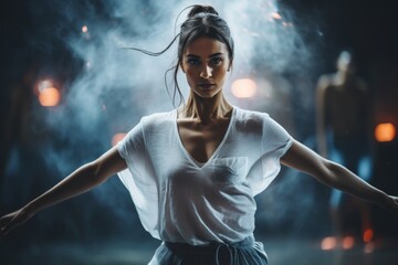 Dance instructor in rehearsal studio, side light, choreographing a unique routine,  cinematic style with blurred background