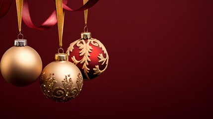 Antique Christmas ornaments hanging together in a ball from silk ribbon, studio lighting, solid burgundy background. Generative AI.