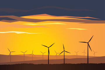 Vector landscape illustration with wind turbines at sunset. Green power environment, sustainable energy. Silhouette of distant forested hills, beautiful evening sky colours and clouds