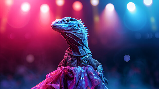 Illustration of a comodo dragon wearing a dress like a model walks down the fashion runway or catwalk. The stage lights are focused on it. Generative Ai.