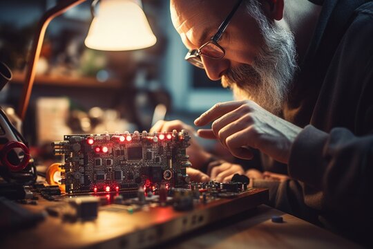 Skilled electronics engineer meticulously restores vintage electrical devices with expert troubleshooting and precise soldering techniques