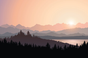 Vector landscape illustration, outdoor mountain and forest view at sunrise, beautiful nature background, national park trees silhouettes, morning sun in natural environment
