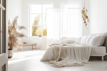 White bedroom with a double bed and a panoramic window, over white table top or shelf with straws, dry plants, ornament, ears, sheaf, and branch in vase, modern minimal interior design
