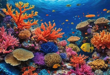 Fototapeta na wymiar A stylish multicolored painting of a vibrant coral reef on a textured wallpaper with a deep sea blue color