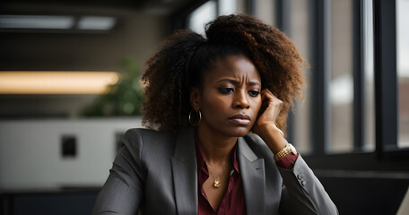 A concerned African American businesswoman deep in thought while sitting in an office