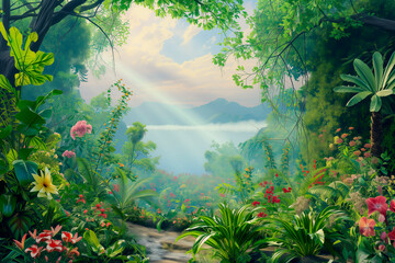 A tranquil depiction of the third day of Creation, showcasing a rich tapestry of emerging land, sea, and diverse plant life in a nascent paradise.
