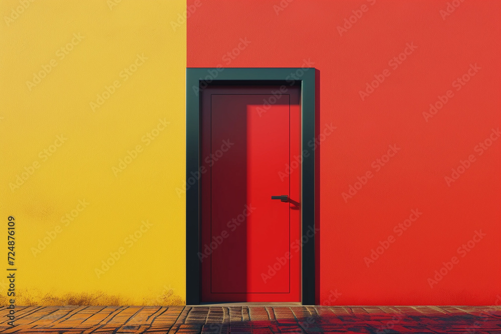 Wall mural Door and house in vintage style in 3D illustration style on a colorful background