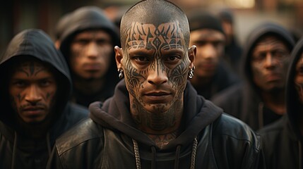 the leader of a Latin American gang with tattoos on his face and body stands at the head of his gang behind them, concept: criminal tattoos, Latin and Mexican gangs