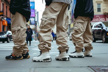 A street-style scene with individuals sporting Y2K fashion trends - cargo pants, platform shoes, and logo-heavy apparel