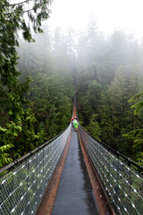 People walking towards a rainforest on a wet suspension bridge