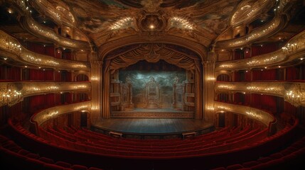 Illustration of an empty opera house with the lights on in high angle. Illustration d'un opéra vide avec les lumières allumées en grand angle.