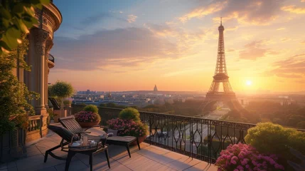 Foto op Canvas beautiful landscape of the eiffel tower on a beautiful sunset from a cozy balcony in high resolution © Marco