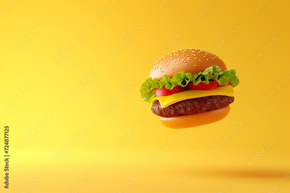 Wall mural floating hamburger in 3d illustration style on a colorful background