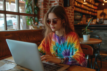 A Y2K girl at a vintage coffee shop, typing on a bulky laptop, wearing a tie-dye shirt and tinted oval sunglasses, a clear homage to the tech and style fusion of the era