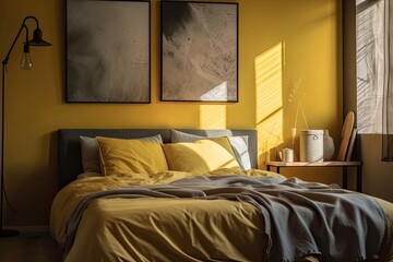Above the bed on the bedroom's yellow wall are imitation poster frames. Morning light that filters through the curtain