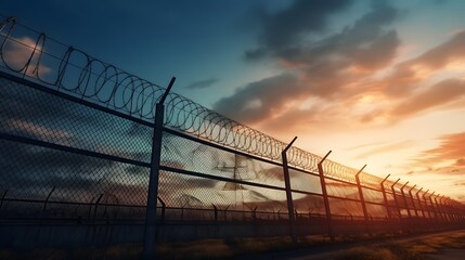 Prison security fence. Barbed wire security fence. Razor wire jail fence. Barrier border. Boundary security wall. Prison for arrest criminals or terrorists. Private area. Military zone concept.
 - obrazy, fototapety, plakaty