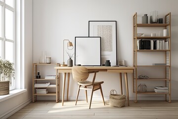 Corner view of a light filled living room with a barren poster, a desk, a laptop, a chair, a bookshelf, and a large window. Scandinavian minimalism design idea for academic use. a mockup