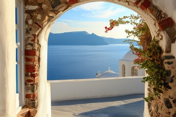 Obraz na płótnie Canvas View of the sea from the house through the arch, Santorini island, Greece.