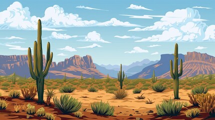 Wild West Texas desert landscape with mountains and cacti.