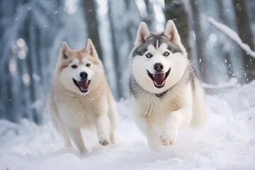Two husky dogs running in the snow