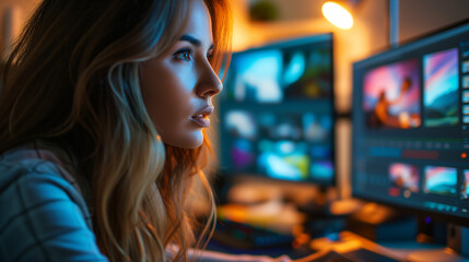 Intense focus of a female video editor working in a dimly lit studio full of screens