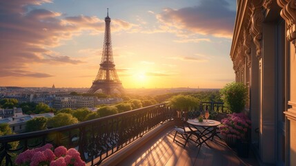 beautiful landscape of the eiffel tower on a beautiful sunset from a cozy balcony