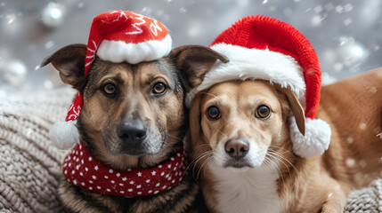 Cat and Dog with Santa Claus hats,  cat and dog in Christmas hat, Cute cat and dog puppy with Christmas gift boxes on wooden floor, Generative AI 