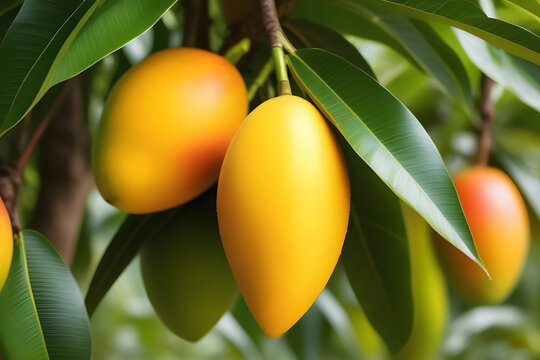 Close-up of a ripe yellow mango hanging from a tree branch with green leaves in the background