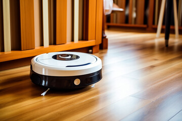 Robotic vacuum cleaner cleaning the floor in living room at home.