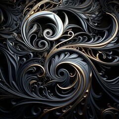 elaborate repeating fractal pattern of silver and blak background , generated by AI. High quality photo