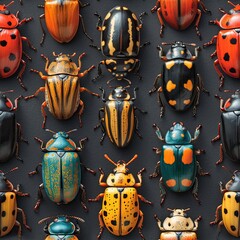 Seamless pattern with various beetles on a dark background. - obrazy, fototapety, plakaty