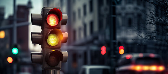 Traffic light on the road in the city at night time. - obrazy, fototapety, plakaty
