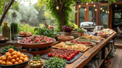 Fototapeta na wymiar Rustic Outdoor Farm-to-Table Dining Experience in Garden Setting