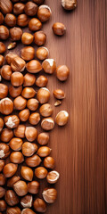 hazelnuts spilled on light wood table, overhead view сreated with Generative Ai