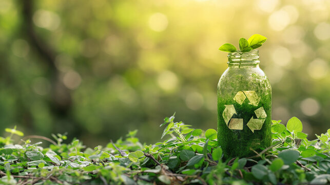 Recycling Symbol auf Erde in zwei H&auml;nden getragen vor einer Hecke Nachhaltigkeit mit gr&uuml;ner Energie und M&uuml;llvermeidung die Umwelt retten Generative AI
